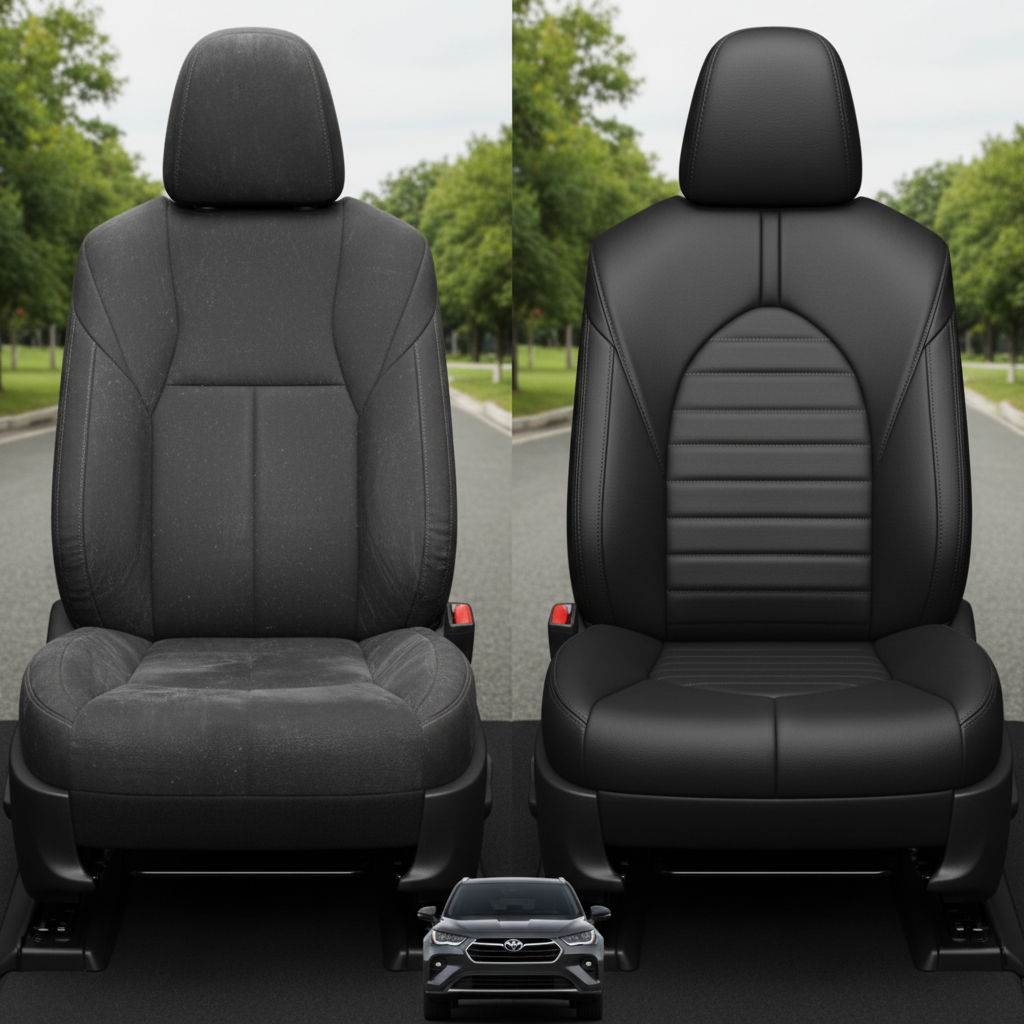 Before-and-after comparison of Toyota Highlander front seats, showing original cloth seat upgraded to perforated leather upholstery.
