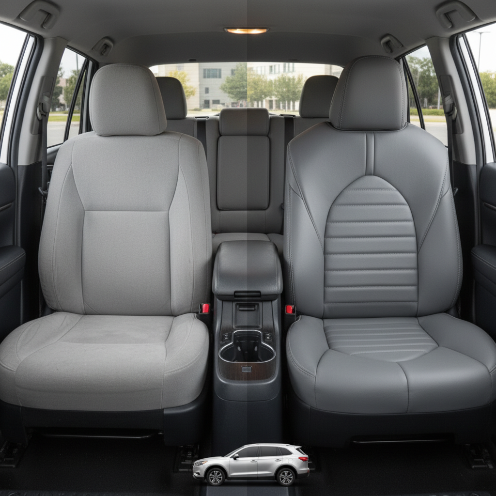 Before-and-after comparison of Toyota Highlander front seats, showing original cloth seat upgraded to perforated leather upholstery.
