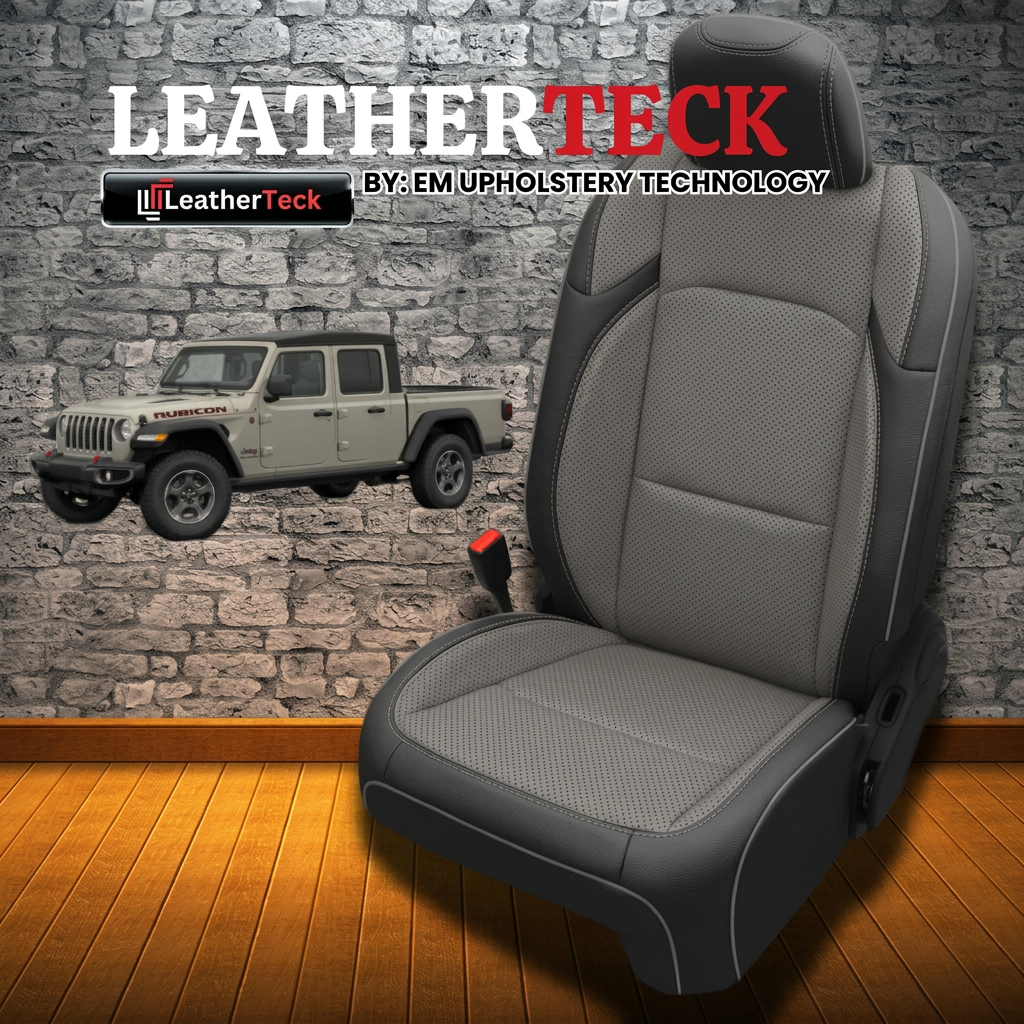 Leatherteck brand promotional image for the 2020–2026 Jeep Gladiator Leatherteck/Katzkin K2 (K2153-100) seat cover kit, showing a seat with black wrap and ash perforated body and wings, ash contrast stitching, and ash piping, alongside Leatherteck logos and a Jeep Gladiator photo on a stone-wall and wood-floor background.