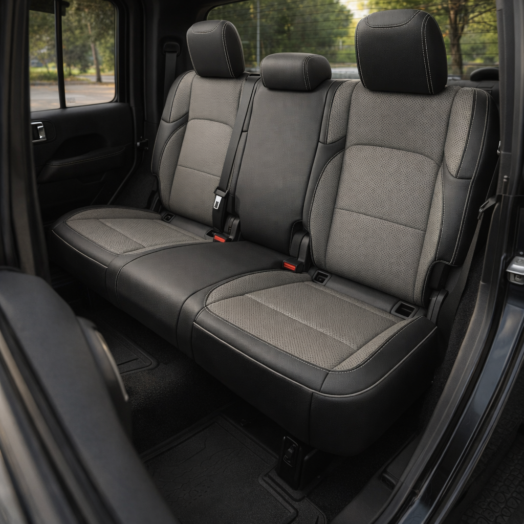 Rear cabin view of a 2020–2026 Jeep Gladiator with Leatherteck/Katzkin K2 (K2153-100) rear seat covers installed, featuring black wrap with ash perforated body and wings, ash contrast stitching, and ash piping across the rear bench and headrests.