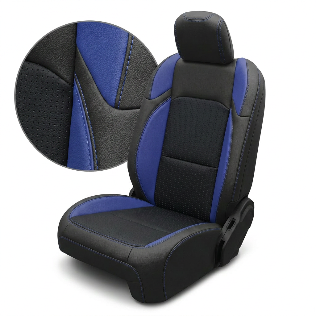 Close-up detail and full seat image of Leatherteck/Katzkin K15 (K2166-100) for a 2020–2026 Jeep Gladiator, showing black wrap upholstery with a Barracuda Blue combo insert, Cobalt wings, and Cobalt contrast stitching on a white background.