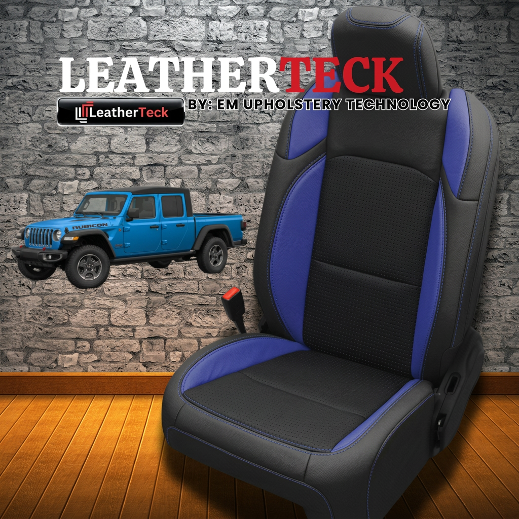 Leatherteck brand graphic for a 2020–2026 Jeep Gladiator featuring Leatherteck/Katzkin K15 (K2166-100) seat upholstery in black wrap with Barracuda Blue combo inserts, Cobalt wings, and Cobalt contrast stitching, shown with the Leatherteck logo, a blue Gladiator image, and a stone-wall background.