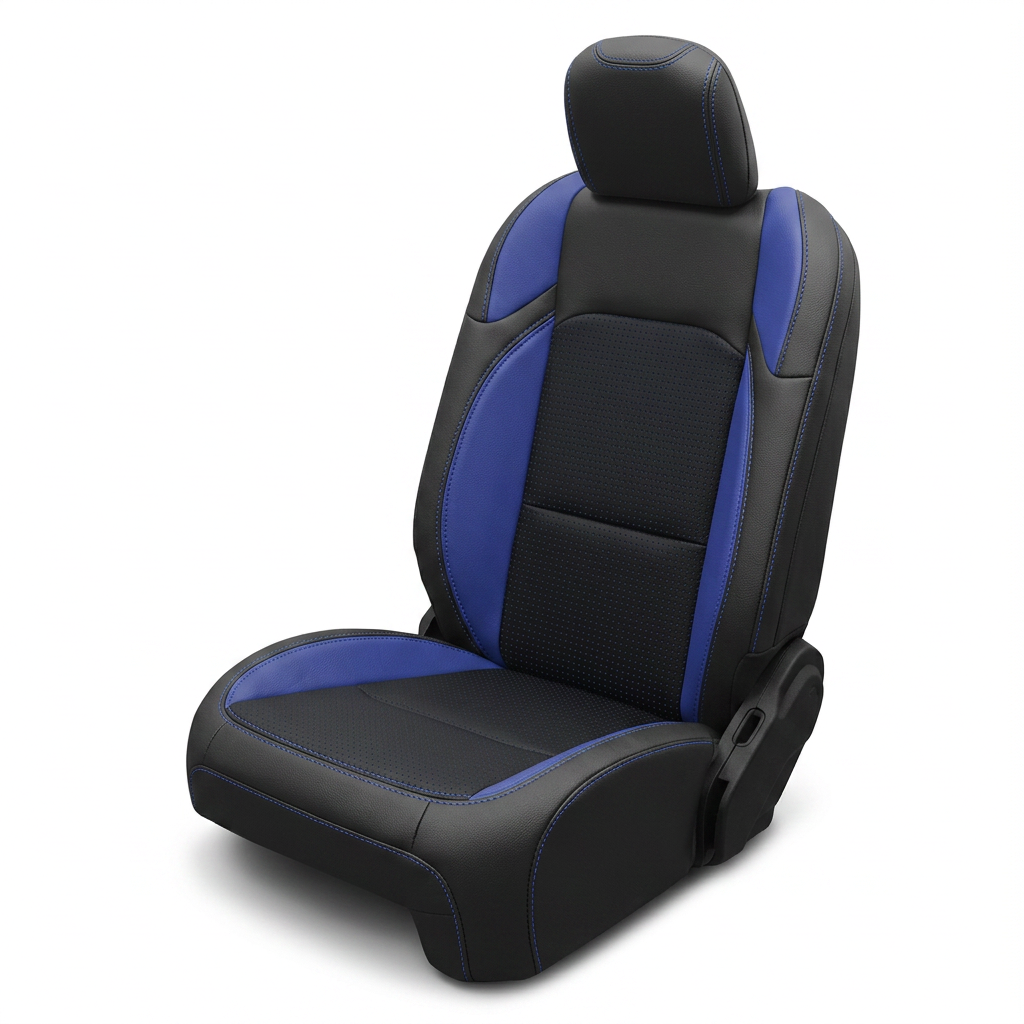 Leatherteck/Katzkin K15 (K2166-100) seat cover kit for a 2020–2026 Jeep Gladiator on a white background, featuring black wrap with Barracuda Blue combo center panels, Cobalt wings, and Cobalt contrast stitching.
