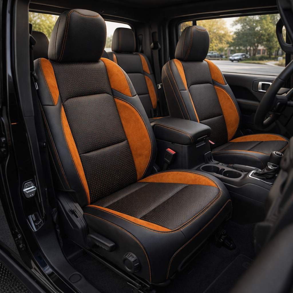 Front cabin view of a 2020–2026 Jeep Gladiator with Leatherteck/Katzkin K13 (K2164-100) installed, featuring black wrap seats with Barracuda Orange body panels, Mango Suedezkin wings, a perforated black center insert, and Citrus Orange contrast stitching.