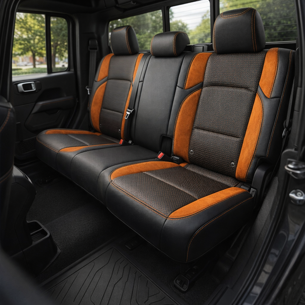 Rear cabin view of a 2020–2026 Jeep Gladiator with Leatherteck/Katzkin K13 (K2164-100) installed, showing the rear bench in black wrap with Barracuda Orange panels, Mango Suedezkin wings, a perforated black center insert, and Citrus Orange contrast stitching.