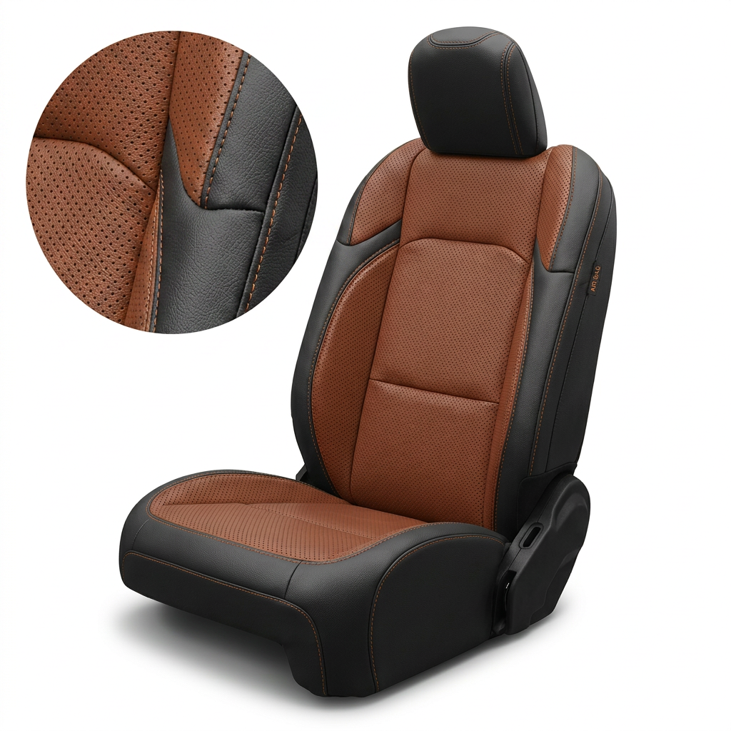 Close-up detail and full view of the Leatherteck/Katzkin K21 (K2172-100) seat cover for a 2020–2026 Jeep Gladiator, featuring black wrap with cognac perforated body and wings and cognac contrast stitching, shown on a white background.