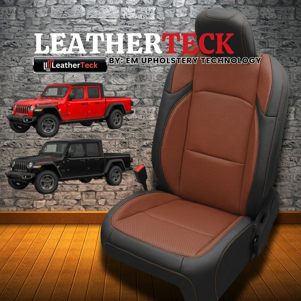 Leatherteck brand promotional image for the 2020–2026 Jeep Gladiator Leatherteck/Katzkin K21 (K2172-100) seat cover kit, showing a seat with black wrap, cognac perforated body and wings, and cognac contrast stitching, alongside Leatherteck logos and Jeep Gladiator photos on a stone-wall and wood-floor background.