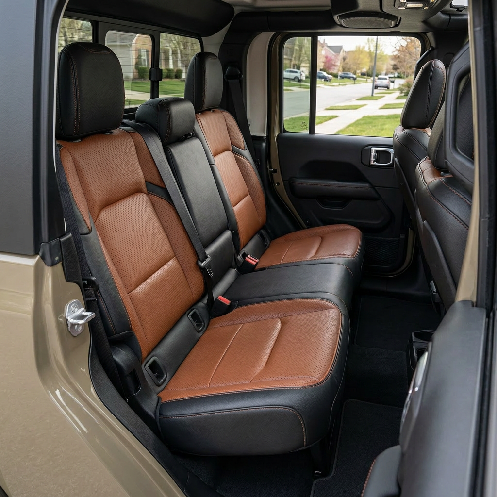 Rear cabin view of a 2020–2026 Jeep Gladiator with Leatherteck/Katzkin K21 (K2172-100) rear seat covers installed, featuring black wrap upholstery with cognac perforated body and wings and cognac contrast stitching across the rear bench and headrests.