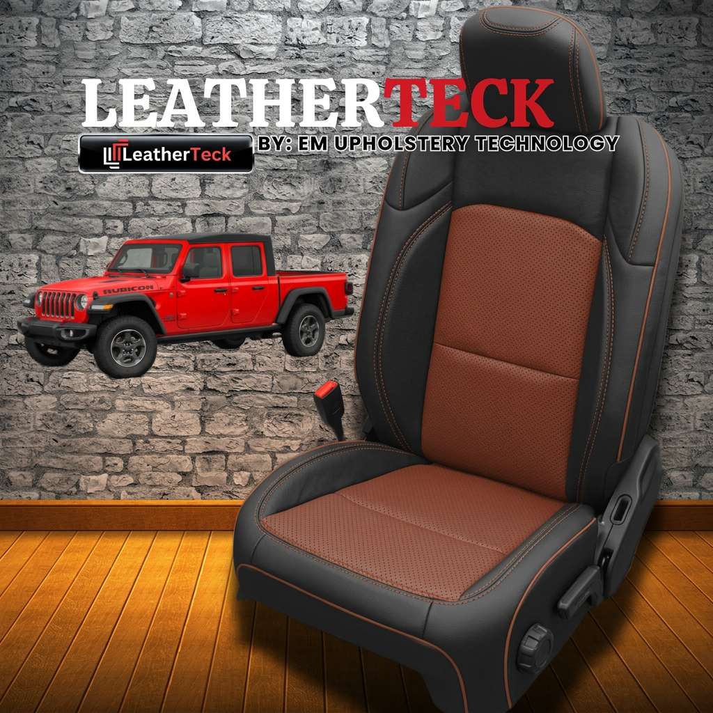Leatherteck brand graphic for a 2020–2026 Jeep Gladiator Katzkin leather seat cover kit K20 (K2171-100), showing a black wrap seat with cognac perforated combo center panels, cognac contrast stitching, and cognac piping, alongside a red Jeep Gladiator image and “LEATHERTECK” logo on a stone-wall and wood-floor background.