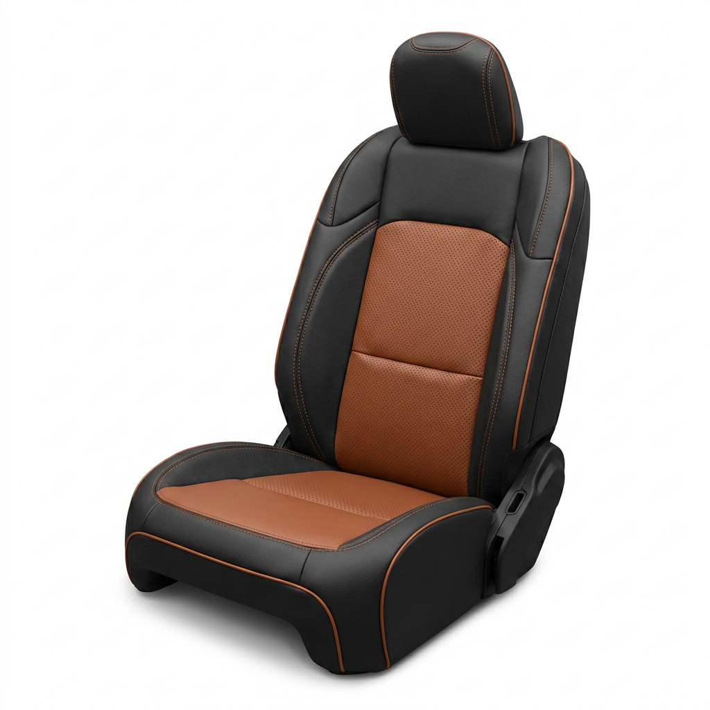Leatherteck/Katzkin K20 (K2171-100) front seat cover for a 2020–2026 Jeep Gladiator on a white background, featuring black wrap with a cognac perforated combo center panel, cognac contrast stitching, and cognac piping.