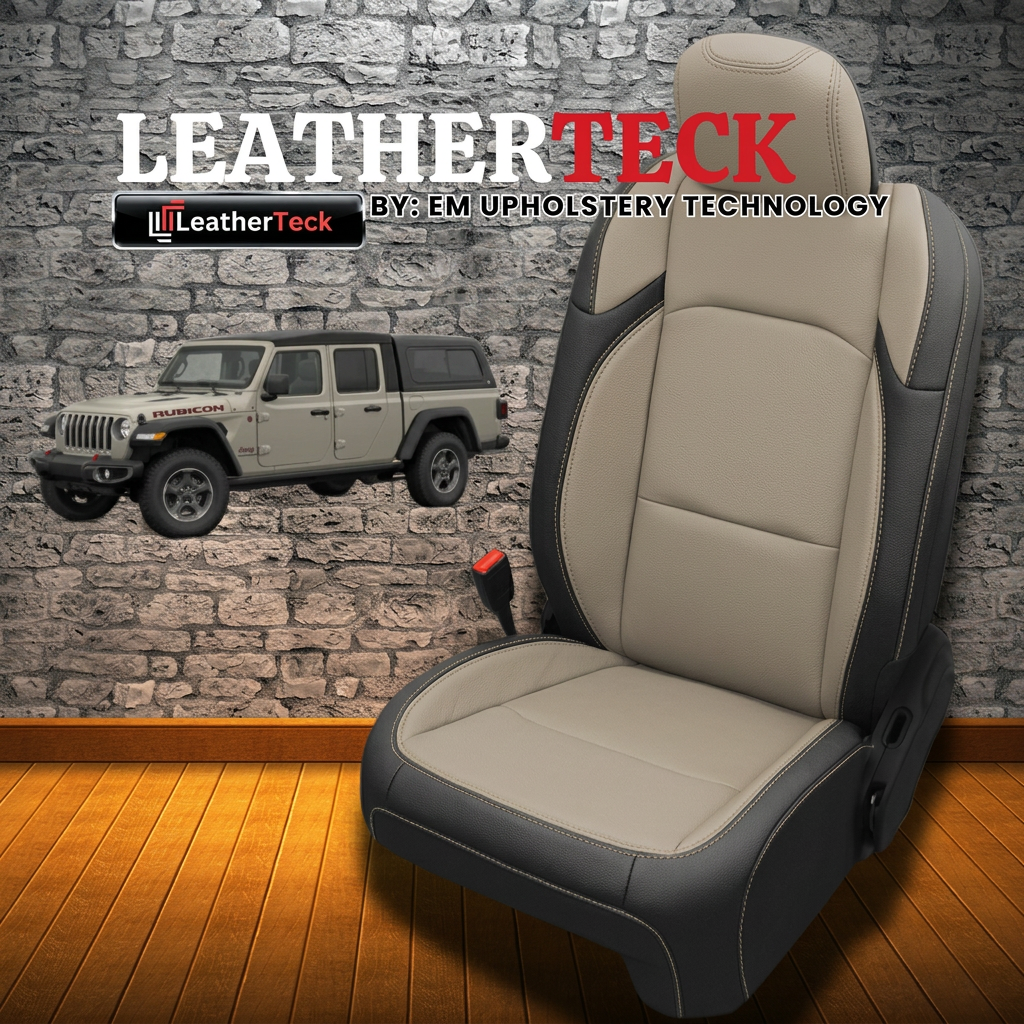 Leatherteck brand graphic for a 2020–2026 Jeep Gladiator featuring Leatherteck/Katzkin K17 (K2168-100) with black wrap, Dune center, Dune wings, and Dune contrast stitching, shown with the Leatherteck logo, a Jeep Gladiator image, and a stone-wall and wood-floor background.