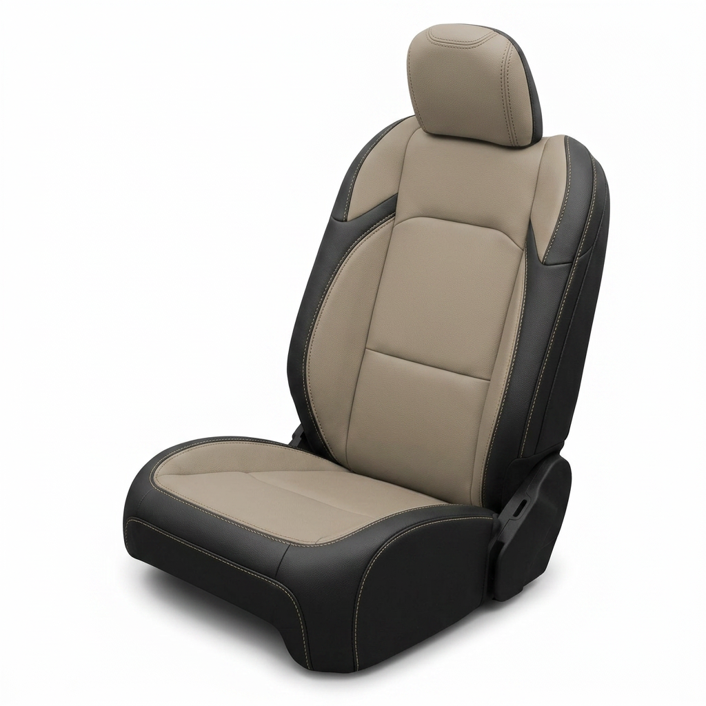 Leatherteck/Katzkin K17 (K2168-100) seat cover kit for a 2020–2026 Jeep Gladiator on a white background, featuring black wrap with a Dune center, Dune wings, and Dune contrast stitching.
