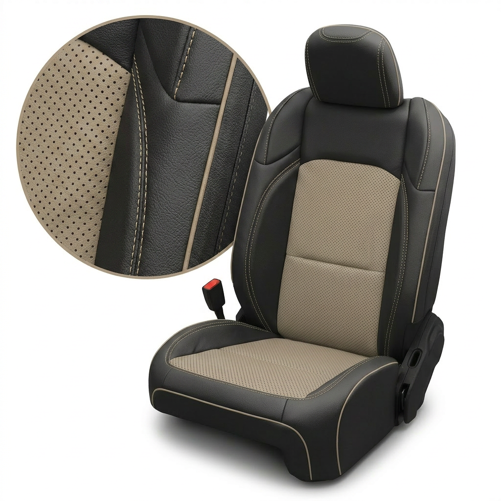 Close-up detail and full seat view of Leatherteck/Katzkin K16 (K2167-100) for a 2020–2026 Jeep Gladiator on a white background, showing dune perforated combo inserts, black wrap bolsters, and matching dune contrast stitching and dune piping.