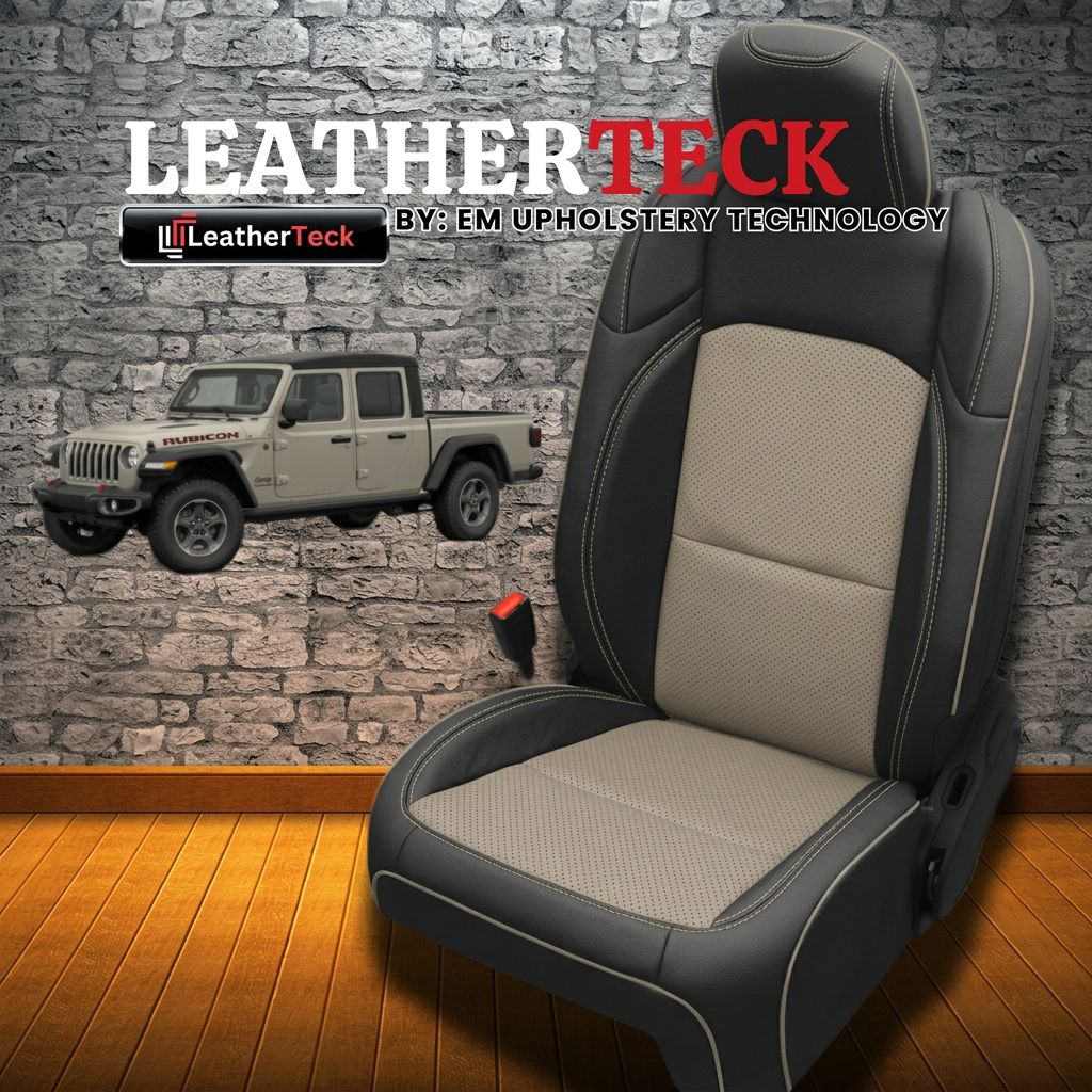 Leatherteck brand promo image for a 2020–2026 Jeep Gladiator showing Leatherteck/Katzkin K16 (K2167-100) seat cover in black wrap with dune perforated combo inserts, dune contrast stitching, and dune piping, with Leatherteck logos and a Gladiator truck graphic on a stone-wall/wood-floor background.