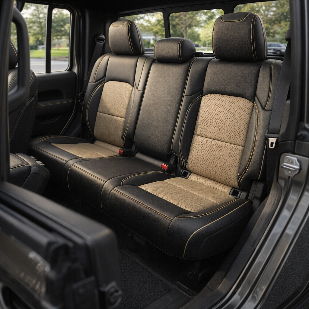 Rear cabin view of a 2020–2026 Jeep Gladiator with Leatherteck/Katzkin K16 (K2167-100) installed, showing the rear bench in black wrap with dune perforated combo inserts, dune contrast stitching, and dune piping.