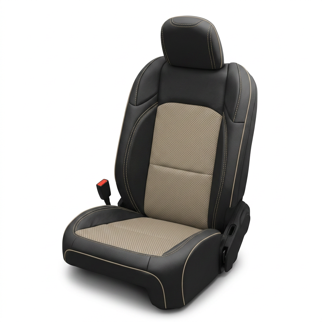 Leatherteck/Katzkin K16 (K2167-100) leather seat cover for a 2020–2026 Jeep Gladiator on a white background, featuring black wrap bolsters with dune perforated combo inserts, dune contrast stitching, and dune piping.