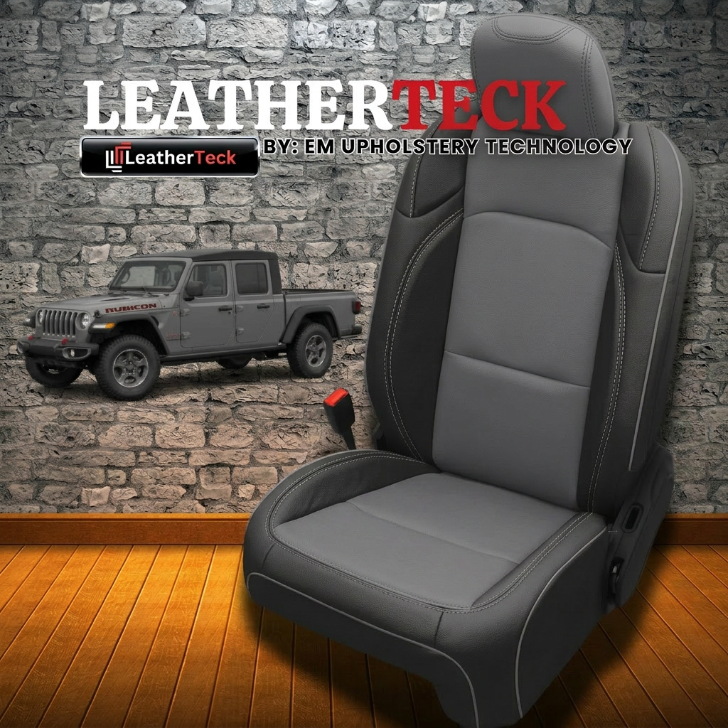 Leatherteck brand promotional graphic for a 2020–2026 Jeep Gladiator showing Leatherteck/Katzkin K10 (K2161-100) seat cover design with black wrap bolsters, lunar gray center panels, lunar gray contrast stitching, and lunar gray piping, alongside the Leatherteck logo and a Gladiator image on a stone-wall/wood-floor background.