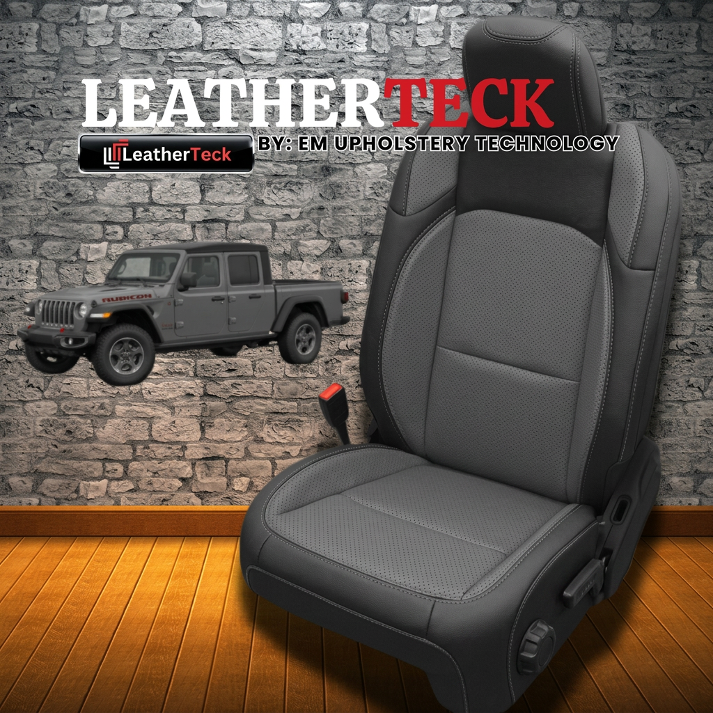 Leatherteck brand promotional image for the 2020–2026 Jeep Gladiator Leatherteck/Katzkin K11 (K2162-100) seat cover kit, showing a seat with black wrap and lunar grey perforated combo center panels and wings with lunar grey contrast stitching, alongside Leatherteck logos and a Jeep Gladiator photo on a stone-wall and wood-floor background.