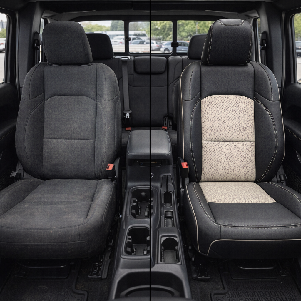 Split before-and-after in-cabin view of a 2020–2026 Jeep Gladiator: left shows the original black cloth front seat, right shows Leatherteck/Katzkin K4 (K2155-100) installed with black wrap, pearl perforated center insert, pearl contrast stitching, and pearl piping.