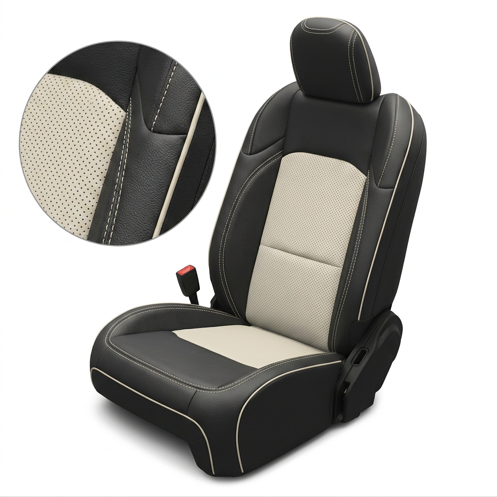 Close-up image of Leatherteck/Katzkin K4 (K2155-100) for a 2020–2026 Jeep Gladiator, showing black wrap leather with a pearl perforated center insert, pearl contrast stitching, and pearl piping, with a magnified inset highlighting the perforation and stitching.