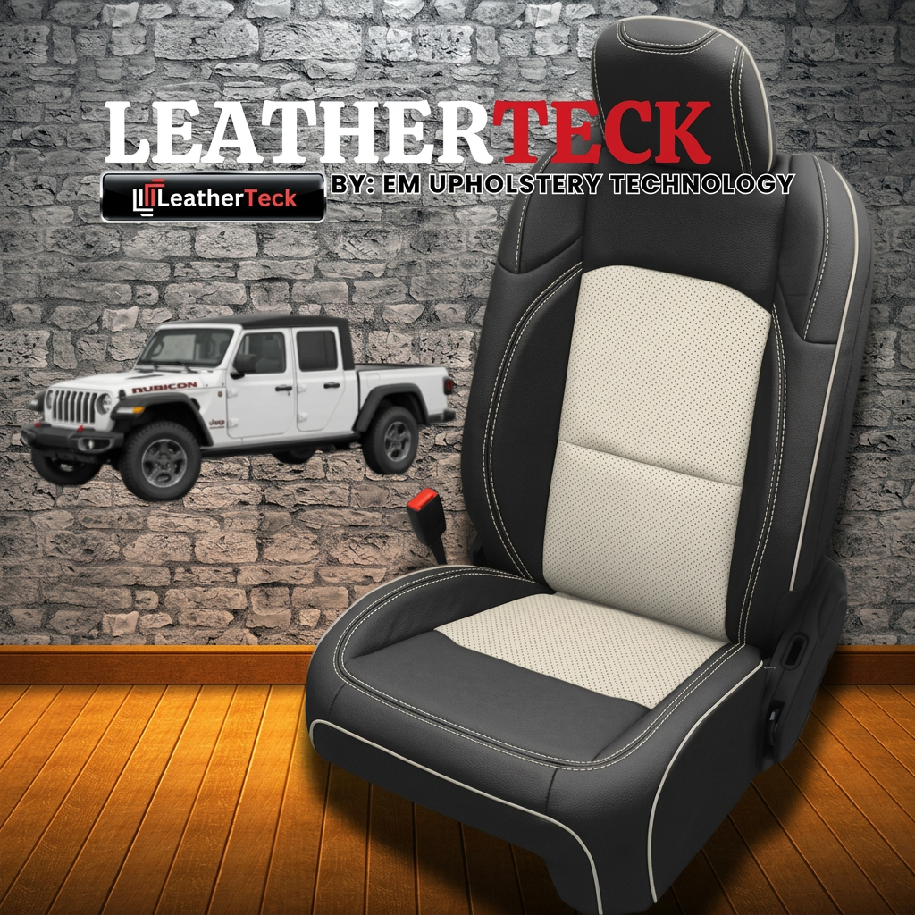 Leatherteck brand graphic for a 2020–2026 Jeep Gladiator featuring Leatherteck/Katzkin K4 (K2155-100) with black wrap, pearl perforated center insert, pearl contrast stitching, and pearl piping, shown with the Leatherteck logo, a Gladiator image, and a stone-wall and wood-floor background.