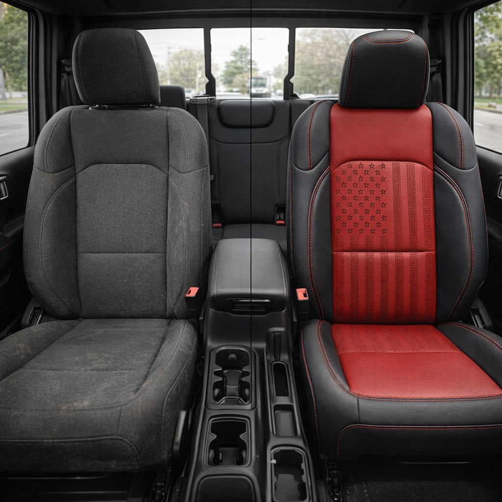 Before-and-after front cabin view of a 2020–2026 Jeep Gladiator: left shows the factory cloth seat, right shows Leatherteck/Katzkin K28 (K2873-100) installed with black wrap, red body, red contrast stitching, and TekPERF U.S. flag stars-and-stripes insert in the seatback.