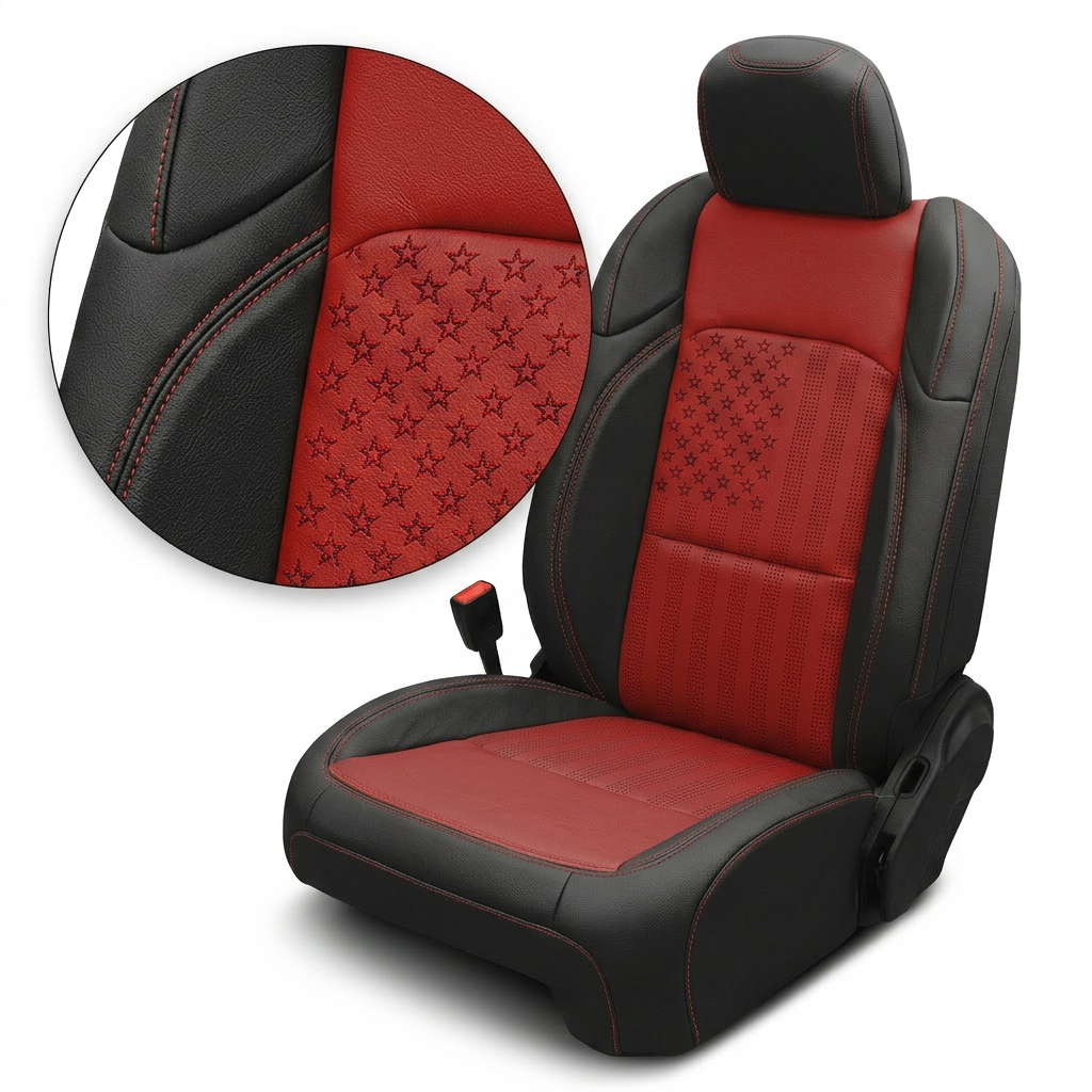 Close-up product image of Leatherteck/Katzkin K28 (K2873-100) for a 2020–2026 Jeep Gladiator on a white background, showing a seat with black wrap bolsters, red body panels, red contrast stitching, and an inset detail of the TekPERF U.S. flag stars-and-stripes perforated insert.