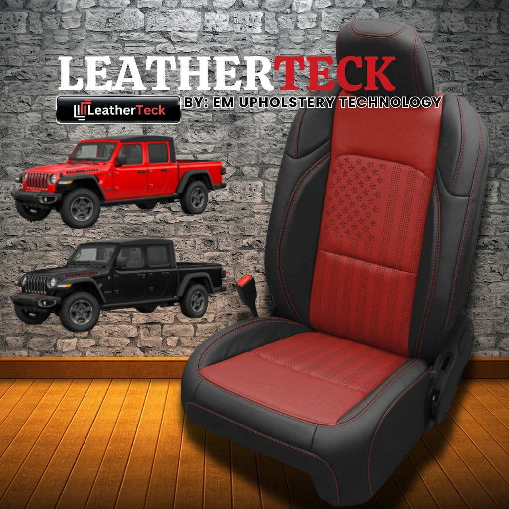Leatherteck brand graphic for a 2020–2026 Jeep Gladiator Katzkin/Leatherteck K28 (K2873-100) kit, showing a seat with black wrap, red body, red contrast stitching, and TekPERF U.S. flag stars-and-stripes insert, alongside Leatherteck logos and Gladiator images on a stone-wall background.