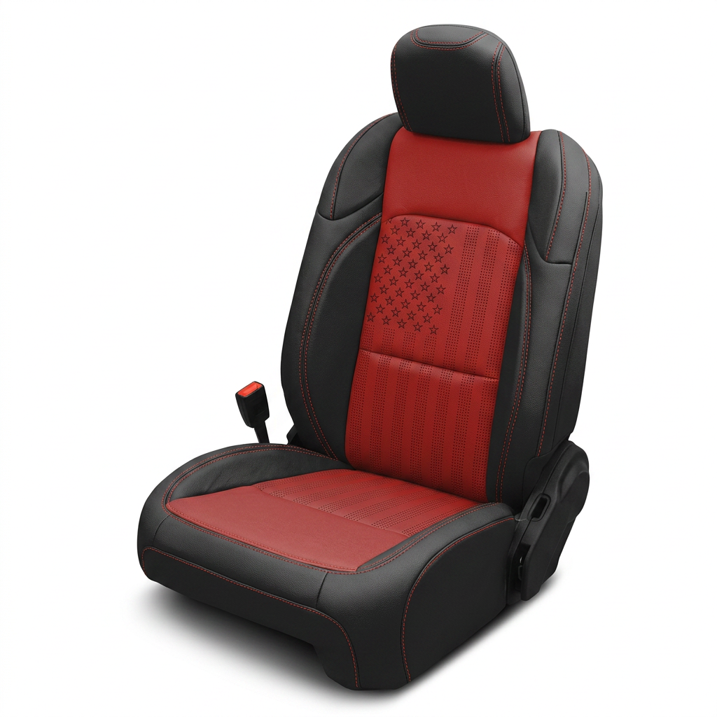 Leatherteck/Katzkin K28 (K2873-100) seat cover kit for a 2020–2026 Jeep Gladiator on a white background, featuring black wrap bolsters, a red body with red contrast stitching, and TekPERF U.S. flag perforated inserts with stars and stripes in the seatback center panel.