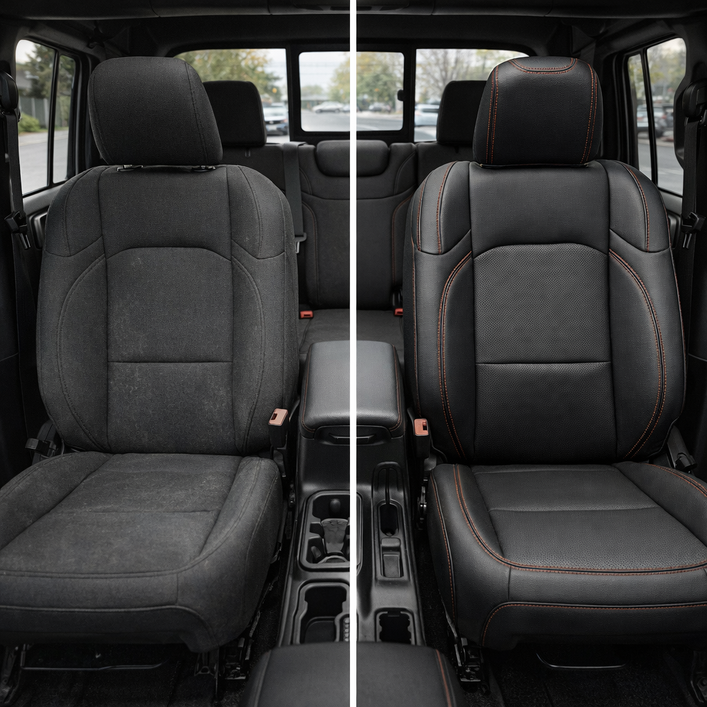 Before-and-after split image of a 2020–2026 Jeep Gladiator front cabin, showing the original black cloth seat on the left and the upgraded Leatherteck/Katzkin F1 (F1339-100) black leather seat with red contrast stitching on the right.