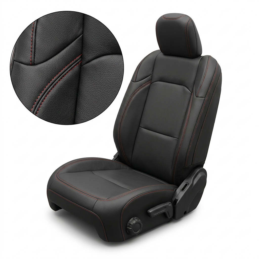 Close-up product image of Leatherteck/Katzkin F1 (F1339-100) for a 2020–2026 Jeep Gladiator, showing black wrap seat upholstery with red contrast stitching, including an inset detail highlighting the leather grain and double-row red stitching on the seams.