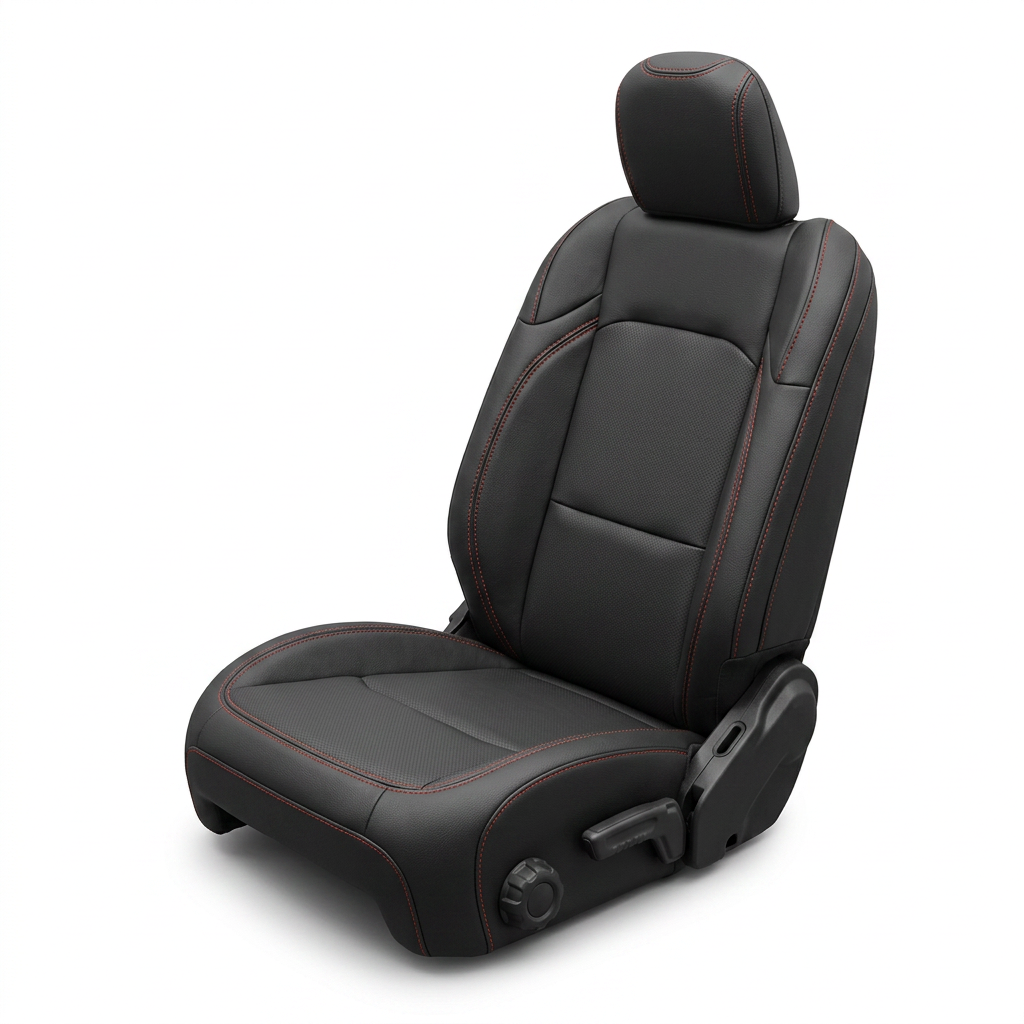 Leatherteck/Katzkin F1 (F1339-100) front seat cover for a 2020–2026 Jeep Gladiator on a white background, featuring black wrap upholstery with red contrast stitching along the bolsters, seams, and headrest.