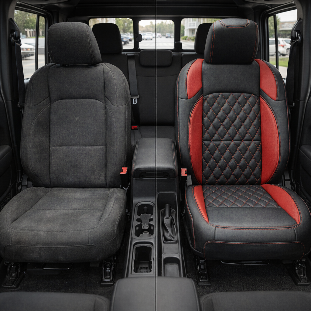 Before-and-after view of a 2020–2026 Jeep Gladiator front cabin, showing the original black cloth seat on the left and the Leatherteck/Katzkin K26 (K2283-100) upgrade on the right with black wrap, red wings, red contrast stitching, and a Tekstitch red diamond-quilted center insert.