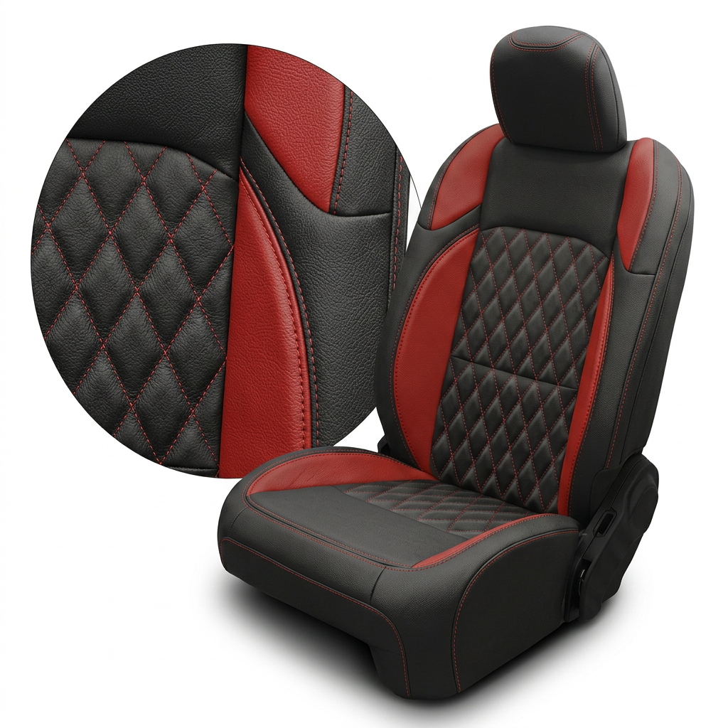 Close-up of Leatherteck/Katzkin K26 (K2283-100) for a 2020–2026 Jeep Gladiator, showing black wrap, red wings, red contrast stitching, and a Tekstitch diamond-quilted black insert with red thread, with a zoomed stitching inset on a white background.
