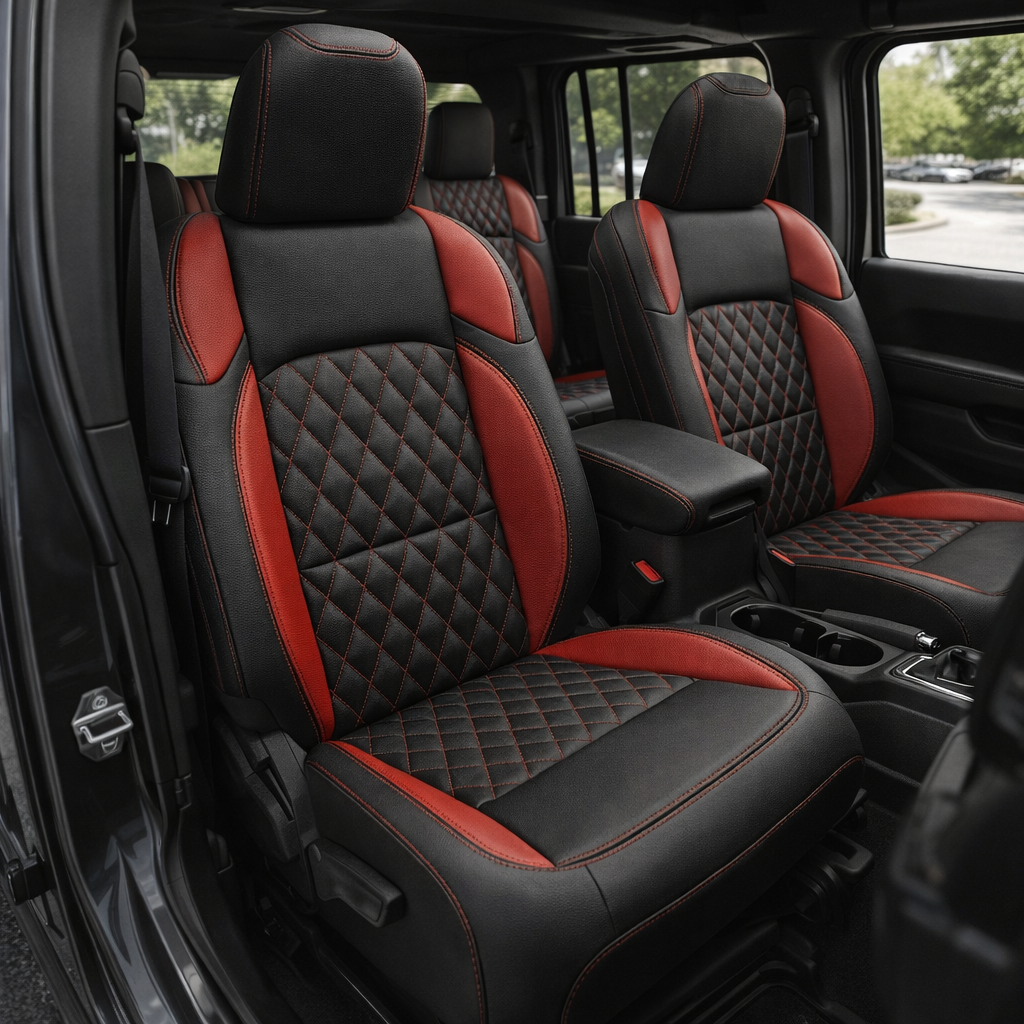 Front cabin view of a 2020–2026 Jeep Gladiator with Leatherteck/Katzkin K26 (K2283-100) seat covers featuring black wrap, red wings, red contrast stitching, and Tekstitch diamond-quilted inserts with red thread on the front and rear seats.