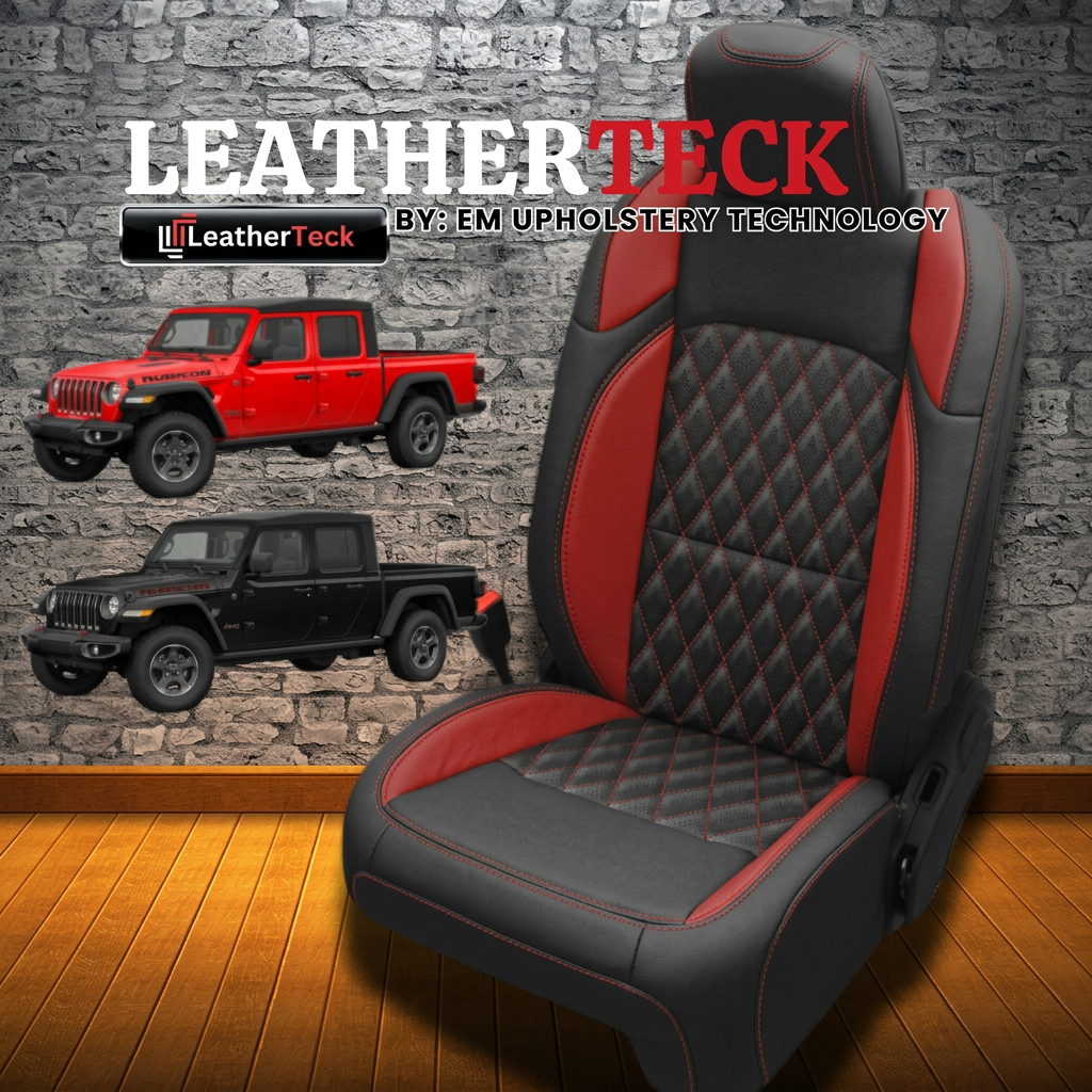 Leatherteck brand graphic for 2020–2026 Jeep Gladiator seat covers featuring Leatherteck/Katzkin K26 (K2283-100) with black wrap, red wings, red contrast stitching, and a Tekstitch diamond-quilted center insert with red thread, shown with the Leatherteck logo and two Gladiator trucks on a stone-wall background.