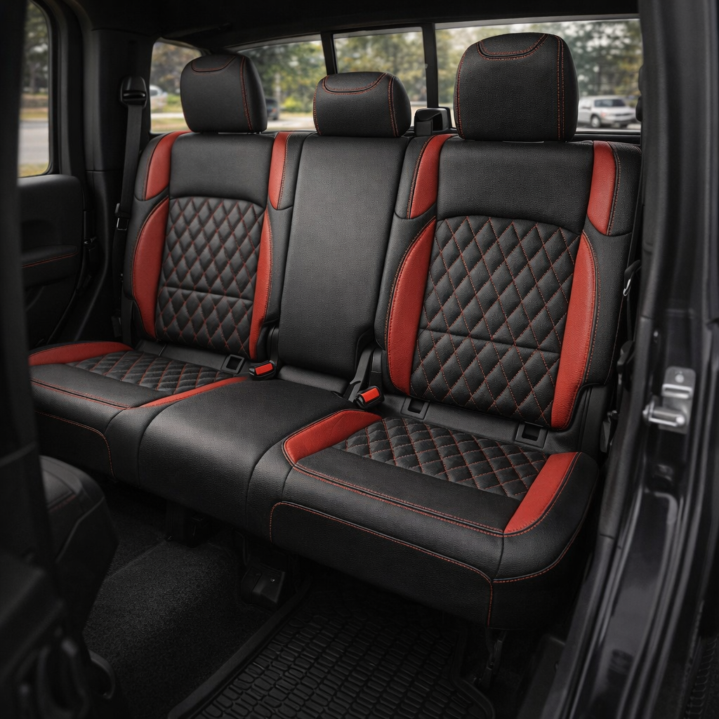 Rear cabin view of a 2020–2026 Jeep Gladiator showing the back bench upholstered with Leatherteck/Katzkin K26 (K2283-100) featuring black wrap, red wings, red contrast stitching, and Tekstitch diamond-quilted inserts with red thread.