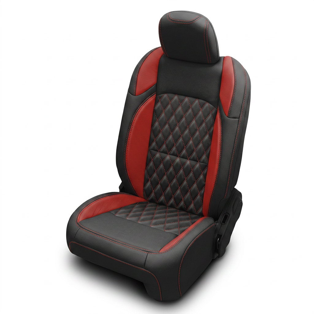 Leatherteck/Katzkin K26 (K2283-100) leather seat cover kit for a 2020–2026 Jeep Gladiator on a white background, featuring black wrap, red wings, red contrast stitching, and a Tekstitch diamond-quilted center insert with red Tek thread.