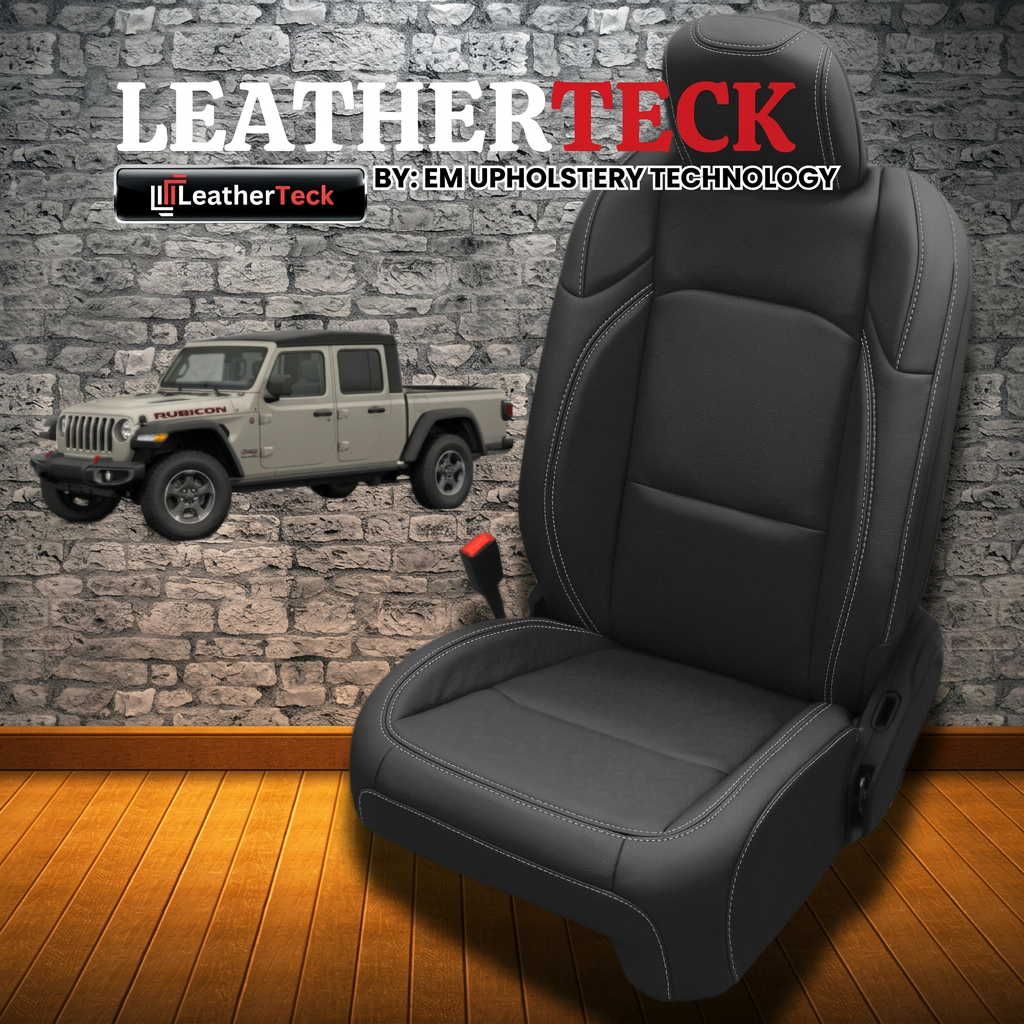 Leatherteck brand promotional graphic for a 2020–2026 Jeep Gladiator featuring Leatherteck/Katzkin F2 (F1340-100) seat cover design in black wrap with silver contrast stitching, shown with the Leatherteck logo and a Gladiator image on a stone-wall and wood-floor background.