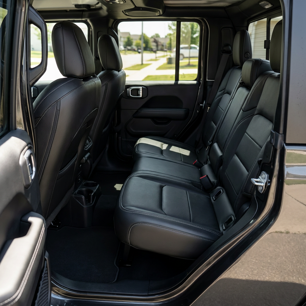 Rear cabin view of a 2020–2026 Jeep Gladiator with Leatherteck/Katzkin F2 (F1340-100) installed, showing all-black leather rear seats with silver contrast stitching.