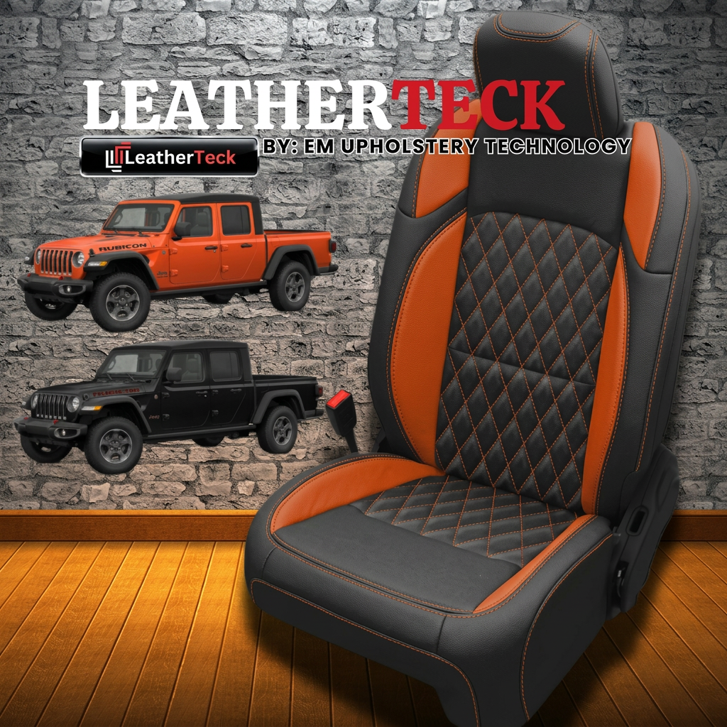 Leatherteck brand promo image for the 2020–2026 Jeep Gladiator Leatherteck/Katzkin K24 (K2282-100) seat cover kit, showing a black wrap seat with tangerine wings, tangerine contrast stitching, and a Tekstitch Diamond quilted center insert, alongside Leatherteck logos and Jeep Gladiator photos on a stone-wall and wood-floor background.