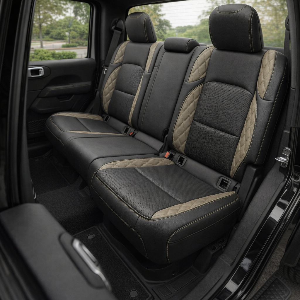 Rear cabin view of a 2020–2026 Jeep Gladiator with Leatherteck/Katzkin K23 (K2281-100) installed, showing the rear bench in black wrap with black perforated combo inserts, shale Tekstitch diamond-stitched wings, and shale contrast stitching.