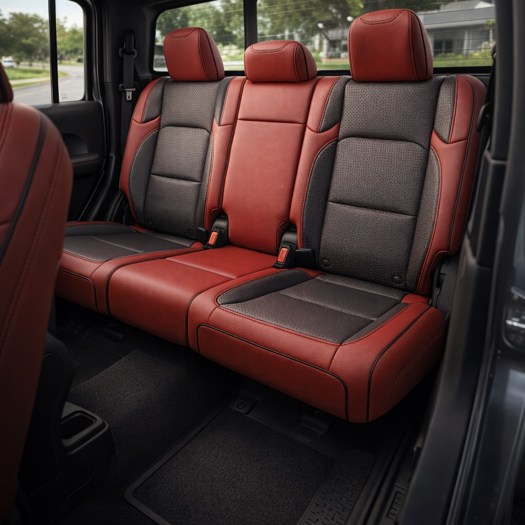 Rear cabin view of a 2020–2026 Jeep Gladiator with Leatherteck/Katzkin K9 (K2160-121) installed, showing the rear bench in Barracuda Red wrap with perforated black center panels, black contrast stitching, and black piping.