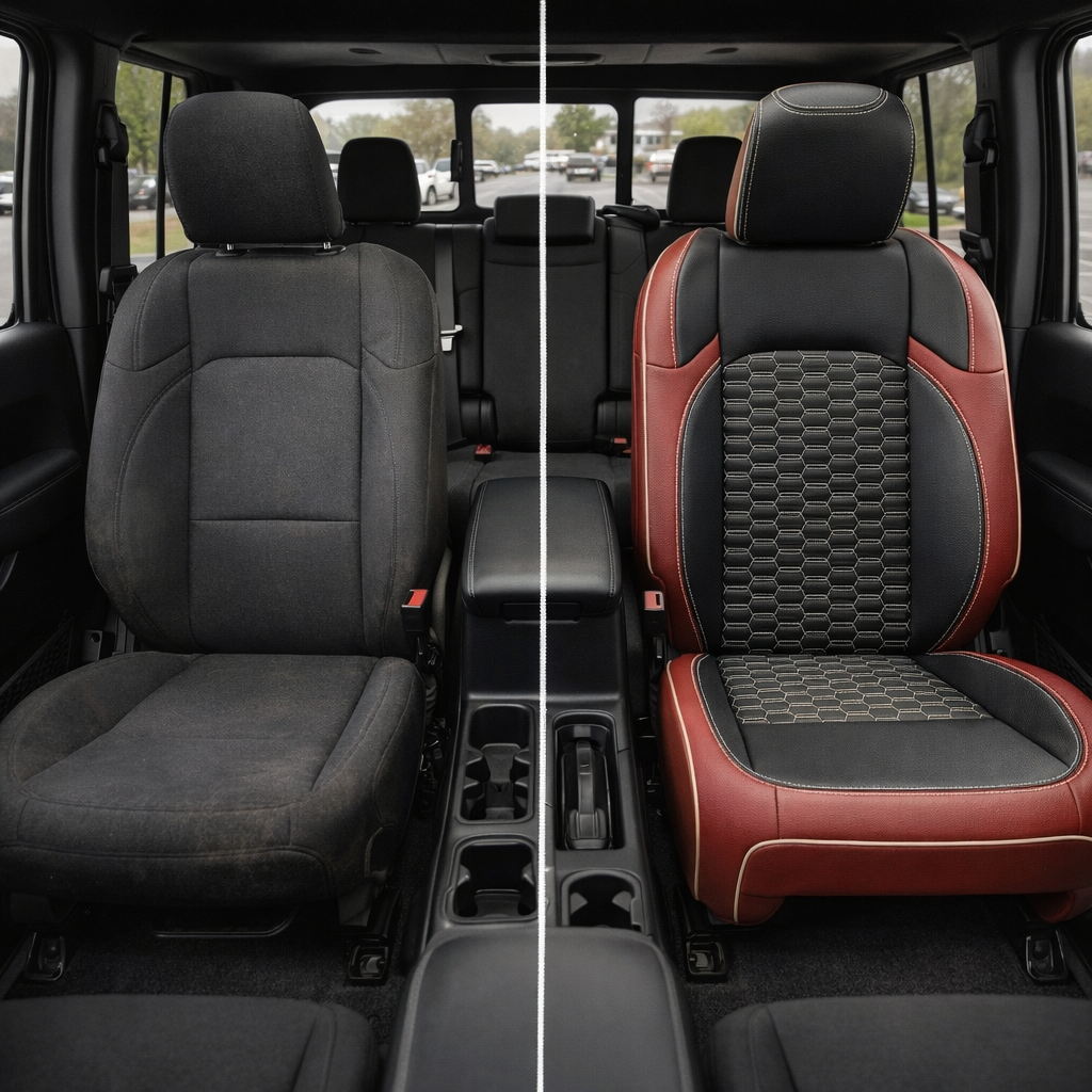 Before-and-after split view of a 2020–2026 Jeep Gladiator front seat: left shows the original black cloth seat, right shows Leatherteck/Katzkin K27 (K2318-121) upholstery with red wrap, black center and wings, pearl piping, pearl contrast stitching, and pearl Tek Double Hex insert panels.