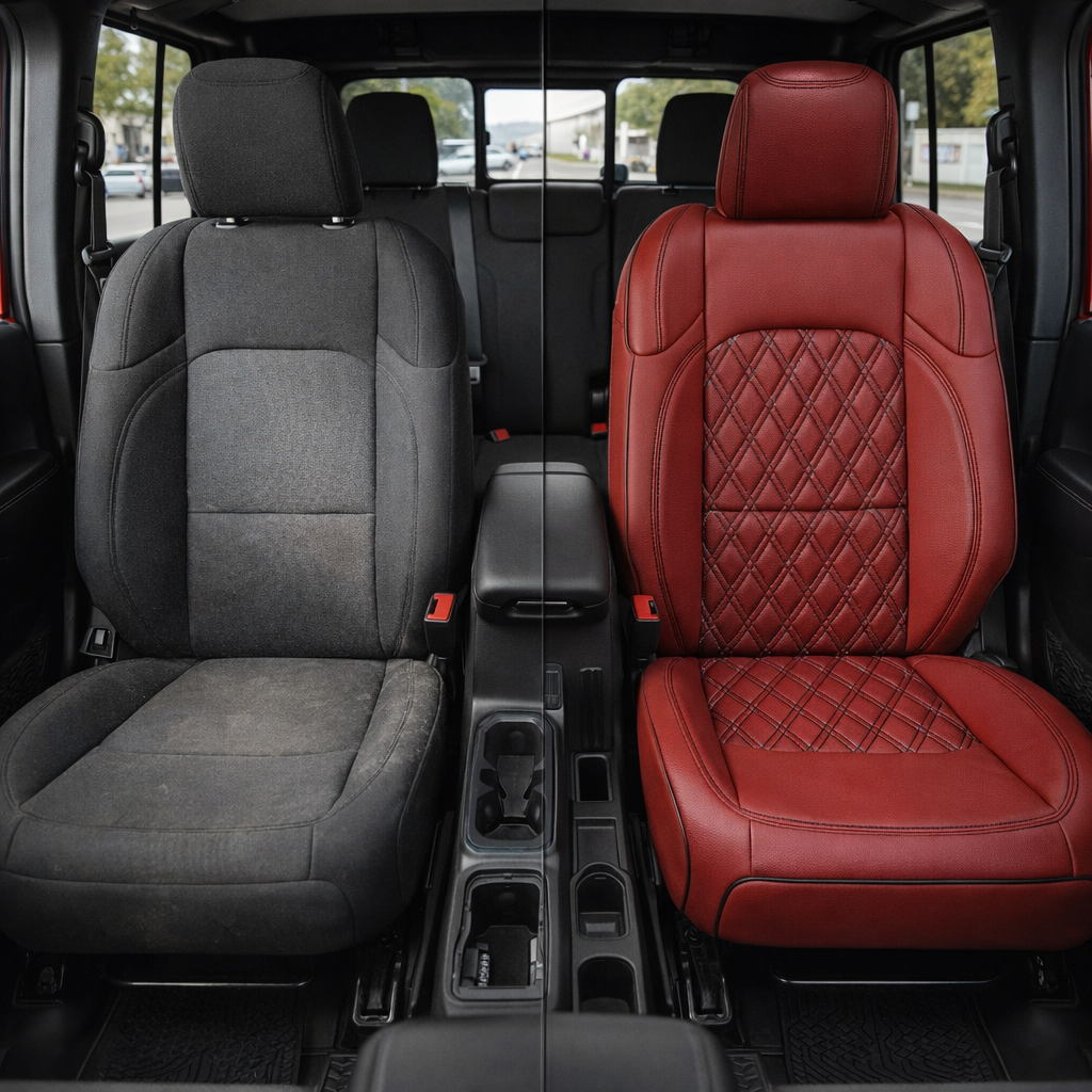 Before-and-after front cabin view of a 2020–2026 Jeep Gladiator, showing the factory cloth seat on the left and the Leatherteck/Katzkin K25 (K2181-121) upgrade on the right with red wrap, black contrast stitching, black piping, and a Tekstitch double-diamond quilted insert with black Tek thread.