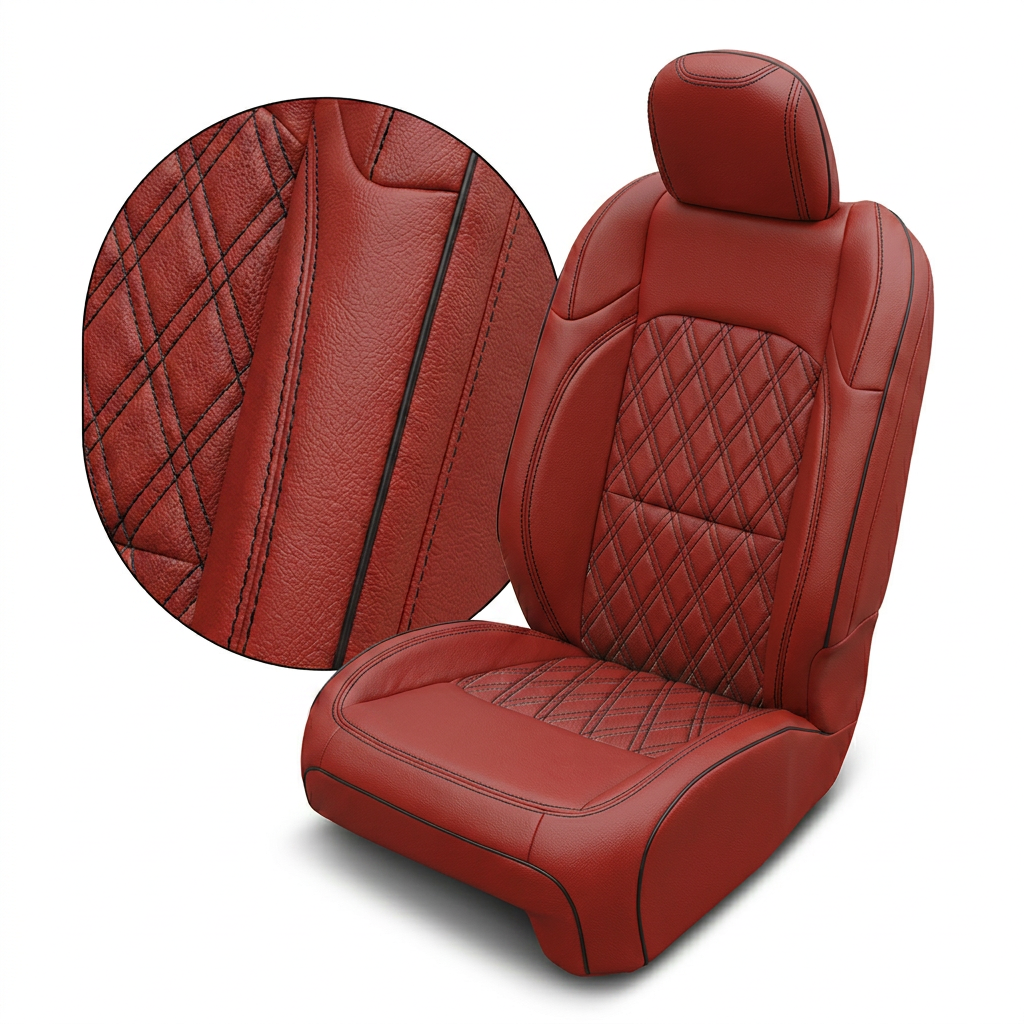 Close-up of Leatherteck/Katzkin K25 (K2181-121) for a 2020–2026 Jeep Gladiator, showing red wrap leather with a Tekstitch double-diamond quilted insert, black contrast stitching, and black piping, with an inset detail view of the stitching and leather grain.