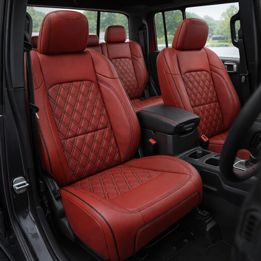 Front cabin view of a 2020–2026 Jeep Gladiator fitted with Leatherteck/Katzkin K25 (K2181-121) seat covers featuring red wrap leather, black contrast stitching, black piping, and Tekstitch double-diamond quilted inserts with black Tek thread on the front and rear seats.