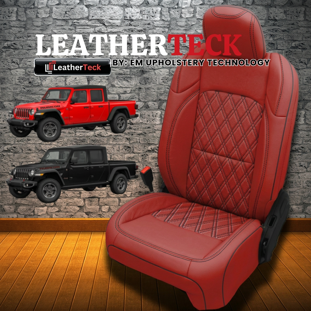 Leatherteck brand graphic for a 2020–2026 Jeep Gladiator featuring Leatherteck/Katzkin K25 (K2181-121) in red wrap with black contrast stitching, black piping, and Tekstitch double-diamond quilted inserts with black Tek thread, shown with the Leatherteck logo and two Jeep Gladiator trucks on a stone-wall background.