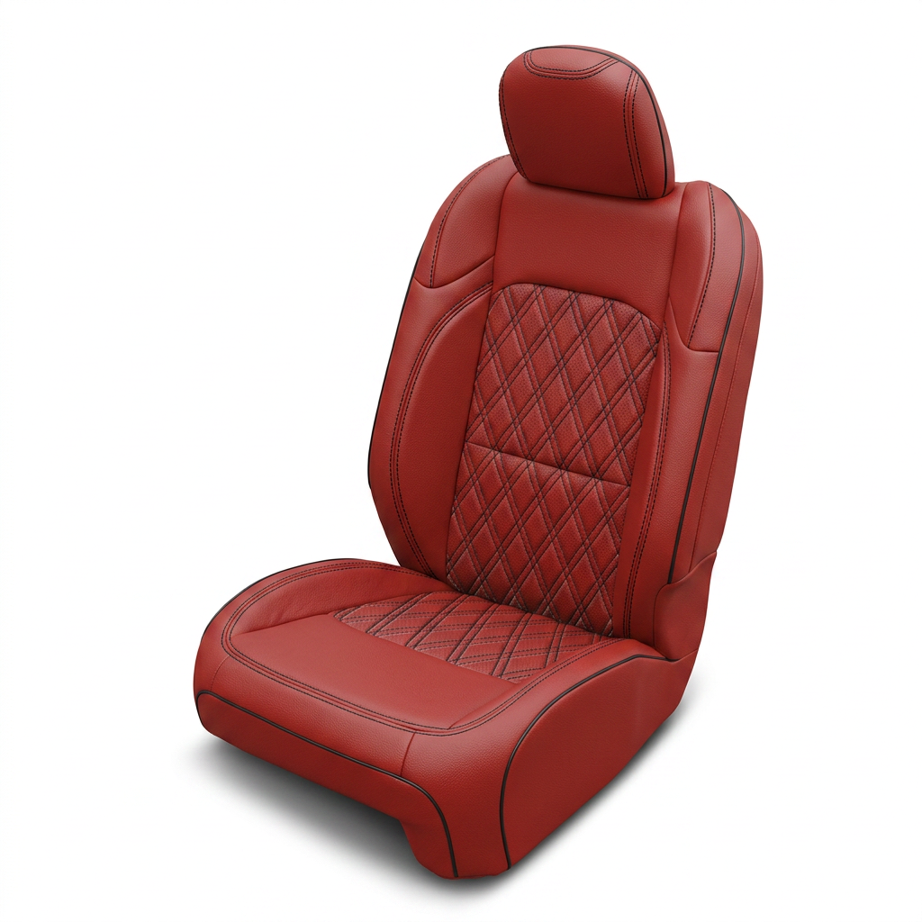 Leatherteck/Katzkin K25 (K2181-121) leather seat cover kit for a 2020–2026 Jeep Gladiator on a white background, featuring red wrap with black contrast stitching, black piping, and a Tekstitch double-diamond quilted insert with black Tek thread.