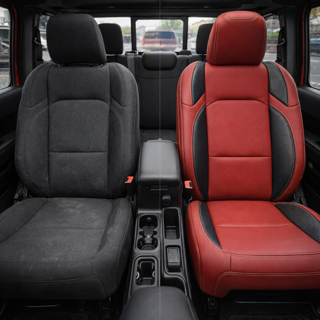 Before-and-after front cabin view of a 2020–2026 Jeep Gladiator: left shows the factory cloth seat, right shows Leatherteck/Katzkin K8 (K2159-121) installed with red wrap leather, carbon shadow vinyl wing inserts, and silver contrast stitching.